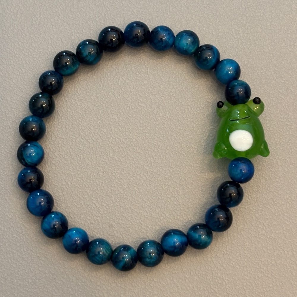 Blue Tigers Eye Bracelet with Green Frog Charm
